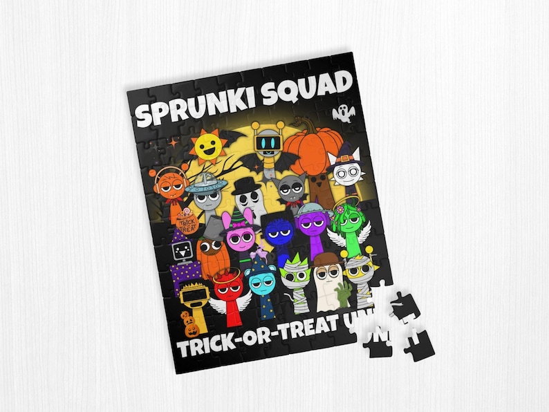 Sprunki Squad Trick-or-Treat puzzle assembled on a white wood surface. Bright Halloween characters in colorful costumes with black background.