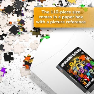 110-piece Sprunki Squad puzzle packaging with scattered puzzle pieces around a white envelope-style box. Text overlay mentions included reference image for assembly.