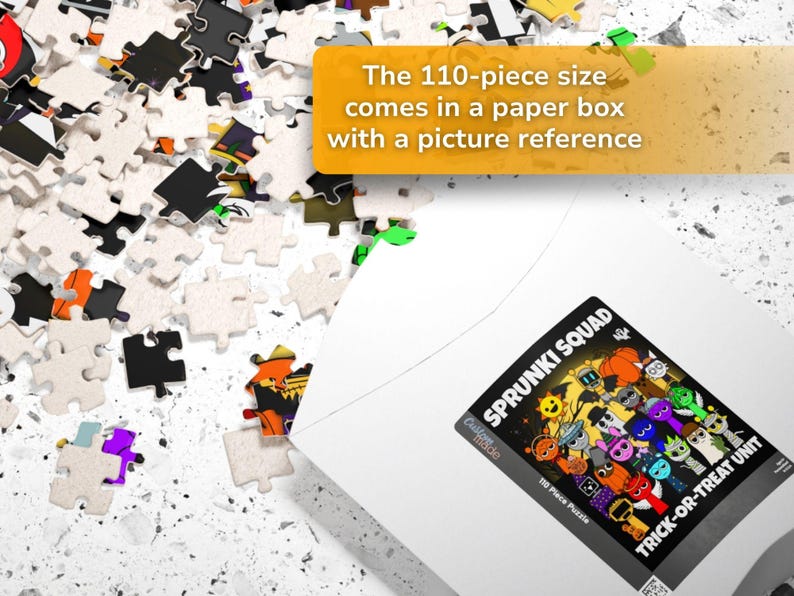 110-piece Sprunki Squad puzzle packaging with scattered puzzle pieces around a white envelope-style box. Text overlay mentions included reference image for assembly.