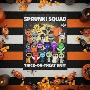 Sprunki Squad Trick-or-Treat puzzle on black and orange striped Halloween table runner surrounded by candy corn, Halloween treats, and spooky decorations.