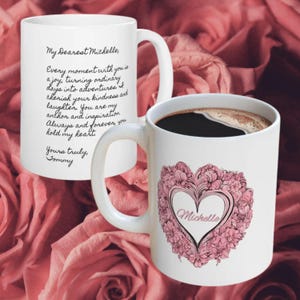 Caneca de cerâmica personalizada com coração, caneca de café, presente de dia dos namorados para ela, nome personalizado, mensagem pessoal, xícara de café, carta de amor