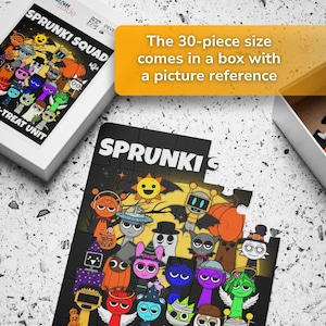 Sprunki Squad puzzle box showing Halloween design with 30-piece puzzle partially assembled on a gray stone background. Text overlay mentions box includes a picture reference.