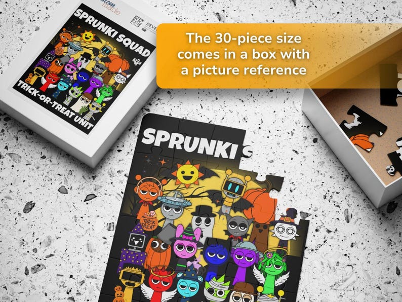 Sprunki Squad puzzle box showing Halloween design with 30-piece puzzle partially assembled on a gray stone background. Text overlay mentions box includes a picture reference.