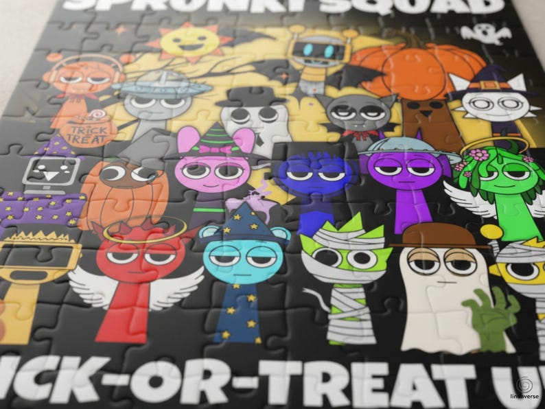Close-up of the Sprunki Squad Halloween puzzle showing vibrant character art and glossy laminated chipboard surface. Details of costumes and candy are visible.