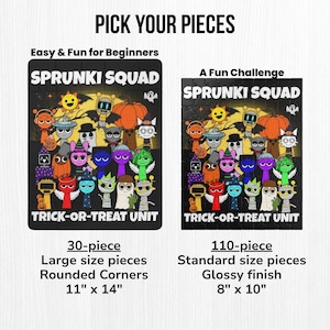 Side-by-side comparison of 30-piece and 110-piece Sprunki Squad Halloween puzzles. Text overlay highlights piece count, size, rounded corners for beginners, and glossy finish for challenge.