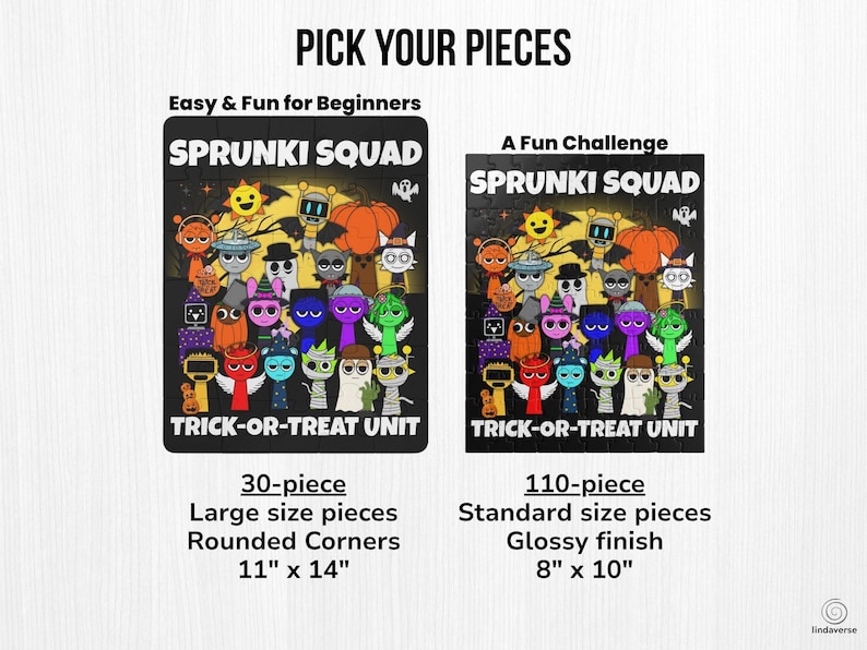 Side-by-side comparison of 30-piece and 110-piece Sprunki Squad Halloween puzzles. Text overlay highlights piece count, size, rounded corners for beginners, and glossy finish for challenge.