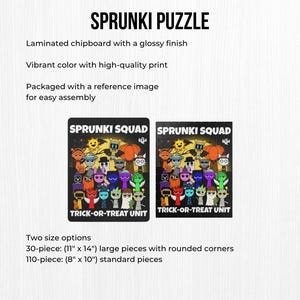Sprunki Squad Halloween puzzle product details displayed above two puzzle size options. Text mentions laminated chipboard, vibrant colors, and included reference image.