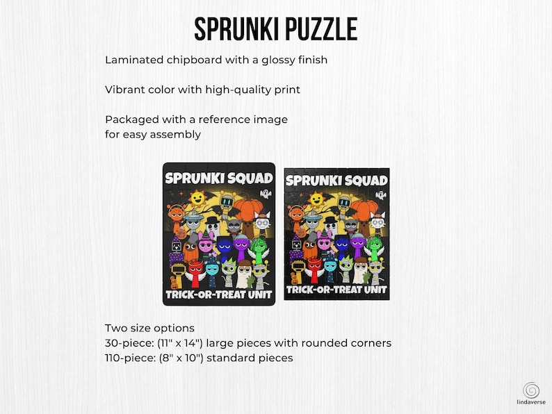 Sprunki Squad Halloween puzzle product details displayed above two puzzle size options. Text mentions laminated chipboard, vibrant colors, and included reference image.