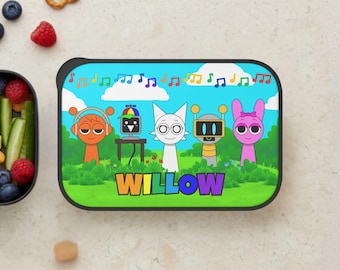 Fiambrera Bento infantil personalizada con nombre, recipiente para el almuerzo con personajes Sprunki personalizados, fiambrera escolar ecológica con cubiertos