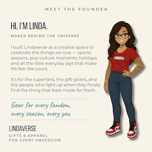 K&ouml;nnte beinhalten: Illustration einer Frau in einem roten T-Shirt mit dem Aufdruck "LINDAVERSE", blauen Jeans und rot-wei&szlig;en Turnschuhen. Das Bild enth&auml;lt den Text "Gear for every fandom, every season, every you."