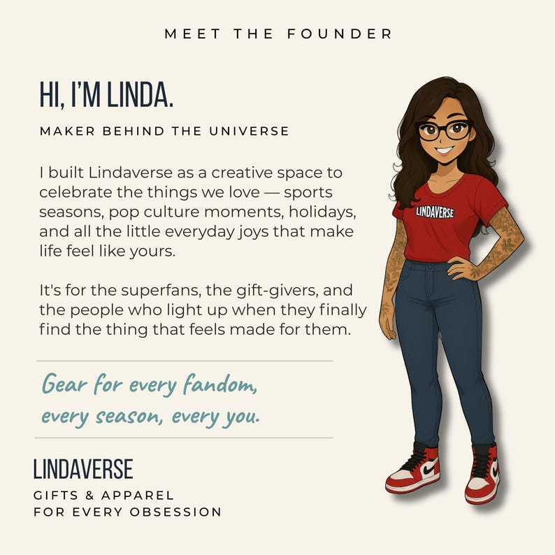 K&ouml;nnte beinhalten: Illustration einer Frau in einem roten T-Shirt mit dem Aufdruck "LINDAVERSE", blauen Jeans und rot-wei&szlig;en Turnschuhen. Das Bild enth&auml;lt den Text "Gear for every fandom, every season, every you."