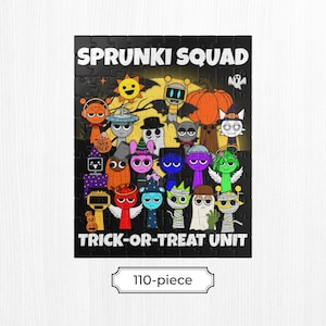 K&ouml;nnte beinhalten: Ein schwarzes 110-teiliges Puzzle mit den Worten "SPRUNKI SQUAD" und "TRICK-OR-TREAT UNIT". Das Puzzle zeigt Cartoon-Figuren in Halloween-Kost&uuml;men vor dem Hintergrund eines Mondes und Flederm&auml;usen.