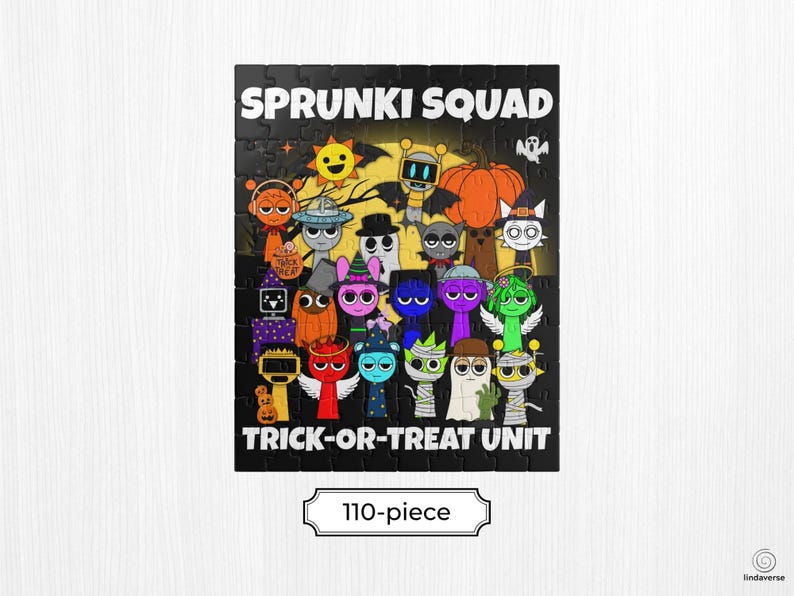 K&ouml;nnte beinhalten: Ein schwarzes 110-teiliges Puzzle mit den Worten "SPRUNKI SQUAD" und "TRICK-OR-TREAT UNIT". Das Puzzle zeigt Cartoon-Figuren in Halloween-Kost&uuml;men vor dem Hintergrund eines Mondes und Flederm&auml;usen.