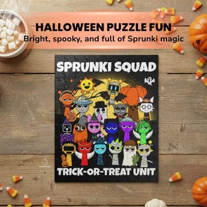 Sprunki Squad Halloween puzzle featuring colorful characters dressed in costumes with pumpkins, candy corn, and hot cocoa in the background. Bright and festive flat lay scene on a rustic wooden surface.
