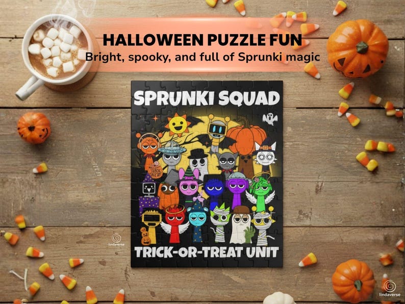 Sprunki Squad Halloween puzzle featuring colorful characters dressed in costumes with pumpkins, candy corn, and hot cocoa in the background. Bright and festive flat lay scene on a rustic wooden surface.