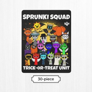 K&ouml;nnte beinhalten: Ein schwarzes Puzzle mit den Worten "SPRUNKI SQUAD" und "TRICK-OR-TREAT UNIT" und Cartoon-Charakteren. Das Puzzle ist ein 30-teiliges Set mit Halloween-Motiven, darunter ein K&uuml;rbis, Flederm&auml;use und eine l&auml;chelnde Sonne.