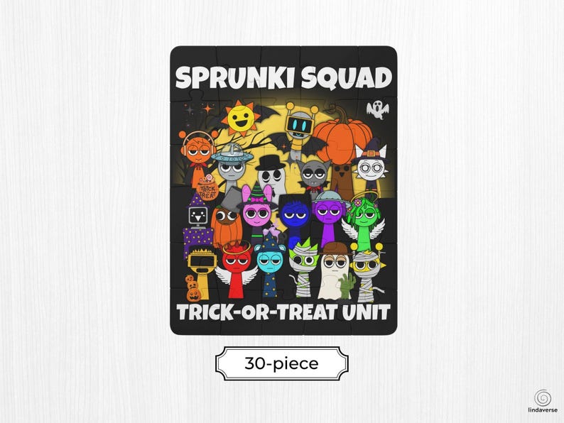 K&ouml;nnte beinhalten: Ein schwarzes Puzzle mit den Worten "SPRUNKI SQUAD" und "TRICK-OR-TREAT UNIT" und Cartoon-Charakteren. Das Puzzle ist ein 30-teiliges Set mit Halloween-Motiven, darunter ein K&uuml;rbis, Flederm&auml;use und eine l&auml;chelnde Sonne.