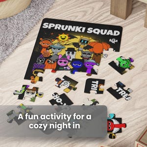 Sprunki Squad Halloween puzzle partially assembled on a light wood floor with pieces scattered around. Colorful cartoon characters and Halloween candy create a cozy fall vibe.