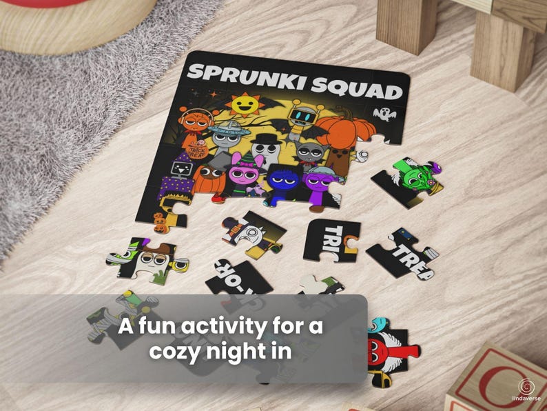 Sprunki Squad Halloween puzzle partially assembled on a light wood floor with pieces scattered around. Colorful cartoon characters and Halloween candy create a cozy fall vibe.