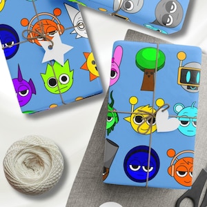 Sprunki-cadeaupapier voor kinderen, cartoon cadeaupapier voor verjaardag, feesten, knutselen, roze blauw geel wit inpakpapier, sprunki-cadeau