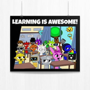Może przedstawiać: Plakat z napisem "LEARNING IS AWESOME!" nad sceną z klasy z kreskówek. Różne kolorowe postacie z kreskówek siedzą przy biurkach. Tło obejmuje okno, drzewo i słońce.