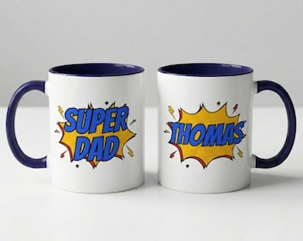 Taza de café personalizada "Super Papá" para el Día del Padre, taza con nombre personalizado para papá, taza con acento de color estilo cómic