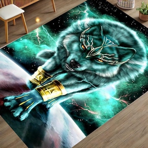 Wolf Pattern Rug: Personalized Animal Design, Non-Slip Cotton Base