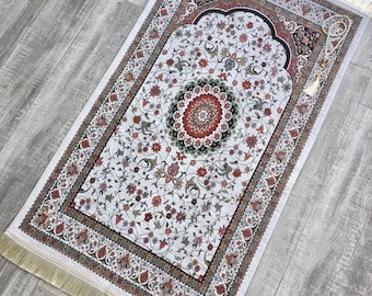 Personalized Floral Prayer Rug, Cotton Chenille, Islamic Gift