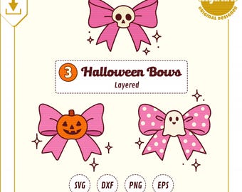 Pacote de Laço Rosa de Halloween SVG PNG | Arquivos de Corte de Laço Rosa de Fantasma, Abóbora e Caveira de Halloween | Clipart Fofo de Temporada Assustadora