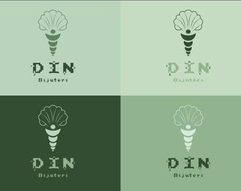 May include: Four green and white logos with a stylized seashell design and the text "DIN Bijuteri" in a pixelated font.