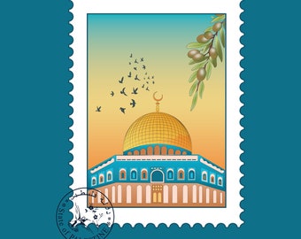 May include: A vintage-style postage stamp featuring a blue and gold mosque with a crescent moon on top, surrounded by a flock of birds flying upwards. A green olive branch with black olives is on the right side of the stamp. The stamp is labeled "State of Palestine" in a circle with a star and crescent moon. The text "From the River to the Sea!" is above the stamp. The text "فلسطين" is at the top of the image.