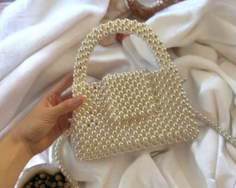 Pearl Beaded Bag, Wedding Pearl Handbag, Cream Beaded Bridal Purse, Pearl Evening Bag, Faux Pearl Bag