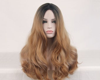 Rose mesh golden gradient wig | long curly hair | middle parted curly hair | full head wig | wavy wig | high temperature wire Wigs