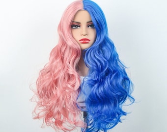 Rose Breathable Inner Mesh Blue and Pink Double Wig | Center Parted Long Curly Hair | Cosplay Wig | Big Wave Wig