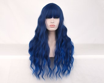 Long Curly Blue Wig | Bangs, Synthetic Hair