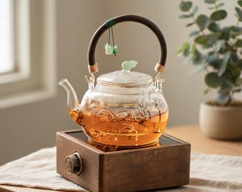 Heat Resistant Glass Teapot with Electric Tea Warmer, Walnut Wood Tea Set, Tea Brewing Gift