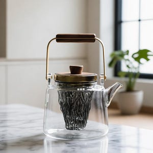 Puede incluir: Una tetera de vidrio transparente con asa y tapa de madera. La tetera tiene un borde de metal dorado y un infusor de té incorporado. El asa es de madera y metal dorado. La tetera está sobre una superficie de mármol.