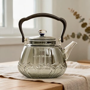 Heat Resistant Glass Teapot with Walnut Wood Electric Warmer, Handmade Borosilicate Tea Kettle with Infuser, Vintage Tea Brewing Set Teapot