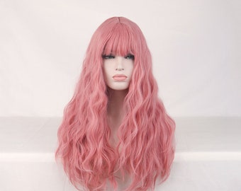 Air bangs wig for women | Long curly hair wig | Chemical fiber pink wig wig | European and American wig | Big wavy hair