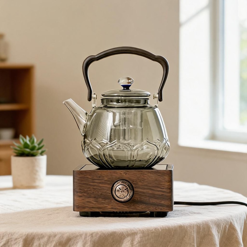 May include: A smoke-gray glass teapot with a lotus-petal base design, a clear glass lid with a blue and clear knob, and a dark brown curved handle. The teapot sits on a rectangular wooden electric heating base with a central metallic dial.