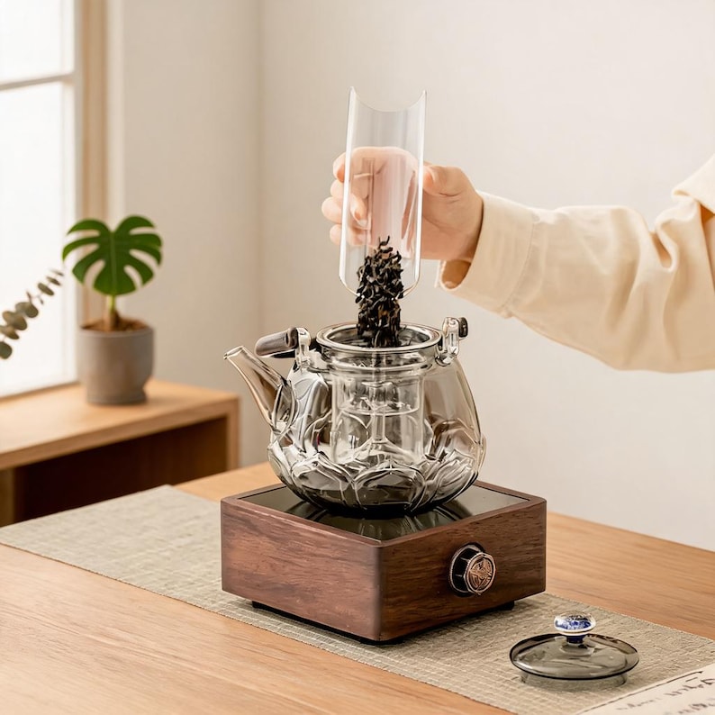 May include: A clear glass teapot with a lotus-shaped base sits on a square wooden heating base. A glass tea scoop is pouring loose-leaf tea into the internal glass infuser. A separate glass lid with a blue and white ceramic knob rests nearby.