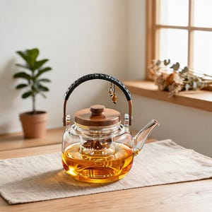Op de afbeelding: Een doorzichtige glazen theepot met een ronde vorm gevuld met amberkleurige vloeistof. De pot heeft een donkerhouten deksel, een gebogen tuit en een zwart, gestructureerd handvat versierd met een kleine goudkleurige metalen bedel en glazen filter.