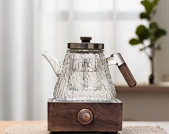 Heat Resistant Glass Teapot with Walnut Wood Electric Warmer, Tea Infuser Pot