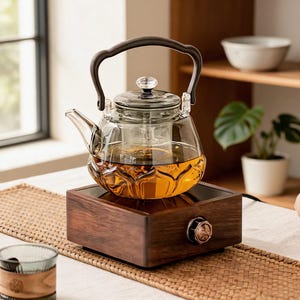 May include: A clear glass teapot with a lotus-shaped base and a dark brown handle, resting on a square wooden electric heating base with a circular control knob. The teapot contains amber-colored liquid and features a glass lid with a clear knob.