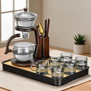 Handmade Automatic Glass Tea Set with Wooden Stand, Magnetic Gongfu Tea Set, Borosilicate Glass Teapot & Cups for Loose Leaf Tea