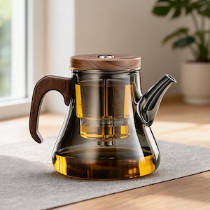 Könnte beinhalten: Eine Teekanne aus dunkel bernsteinfarbenem Glas mit einem Holzgriff und einem passenden Holzdeckel. Die Teekanne verfügt über einen internen Glaseinsatz zum Ziehen von Tee und einen geschwungenen Ausguss für eine klare Sicht auf den Inhalt.