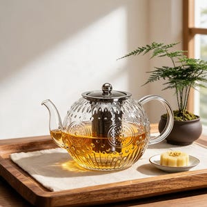 Puede incluir: Una tetera de cristal transparente con cuerpo redondeado y patrones en relieve de círculos y líneas verticales. Incluye una tapa metálica y un infusor central de malla con té de color ámbar. Presenta un asa y un pico curvos.