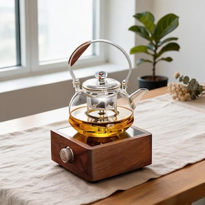 Pode incluir: Um bule de vidro transparente com um líquido dourado no interior, apresentando tampa de vidro, alça de metal com empunhadura de madeira e um infusor embutido. O bule repousa sobre uma base quadrada de madeira com um botão circular na frente.