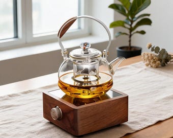 Walnut Wood Electric Tea Maker, Heat Resistant Glass Teapot with Electric Stove, Chinese Tea Ceremony Set, Herbal Tea Brewer Gift