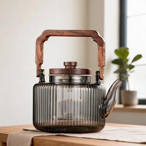 Borosilicate Glass Teapot with Wooden Handle, Heat Resistant Tea Kettle with Infuser, Minimalist Loose Leaf Tea Maker, Modern Tea Gift